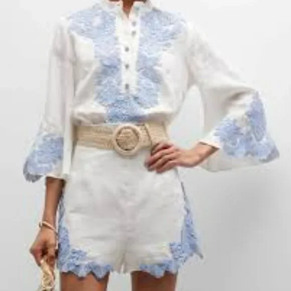 NWT - Zimmermann Raie Belted Appliquéd Lace-Trimmed Linen Shorts, Size 8 (US) - Picture 5 of 9